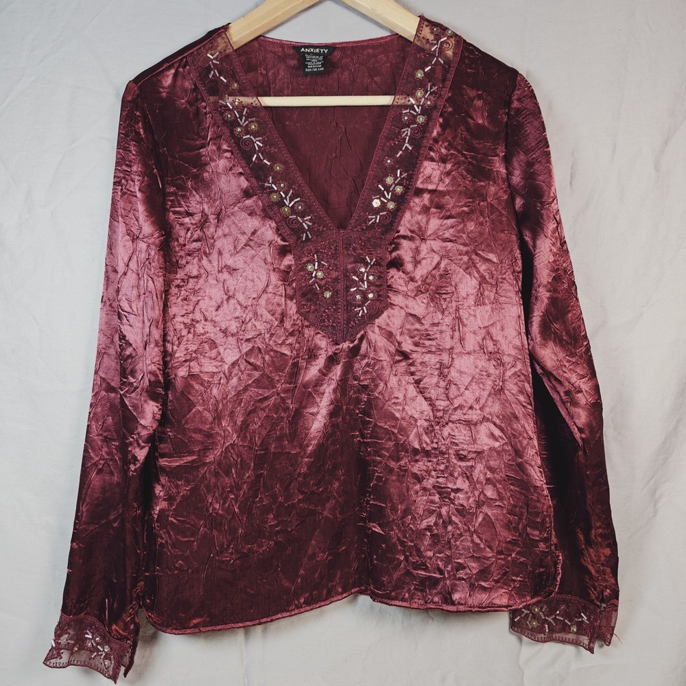 Vintage Anxiety Crushed Satin V Neck‎ Long Sleeve Top Embroidery Beading Medium